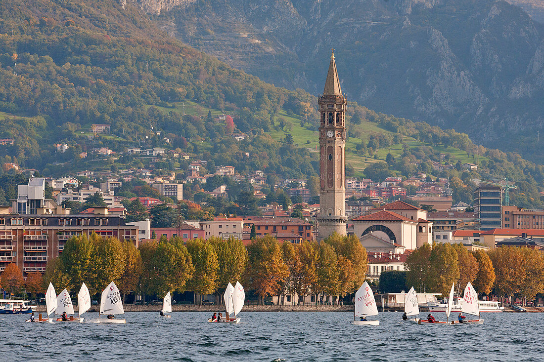 Sail boats in front of Lecco, Lecco province, lombardy, north italy, italy