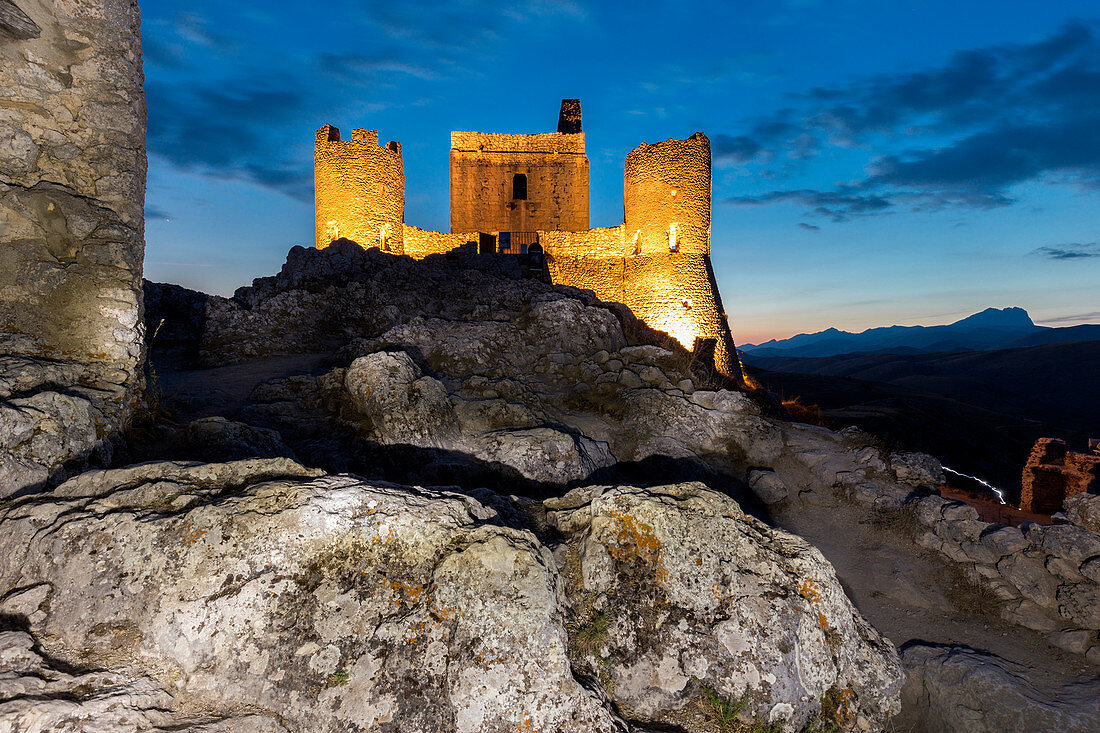 Castle of Rocca Calascio at dusk in the Gran Sasso and Monti della Laga National Park  Europe, Italy, Abruzzo, Province of L'Aquila