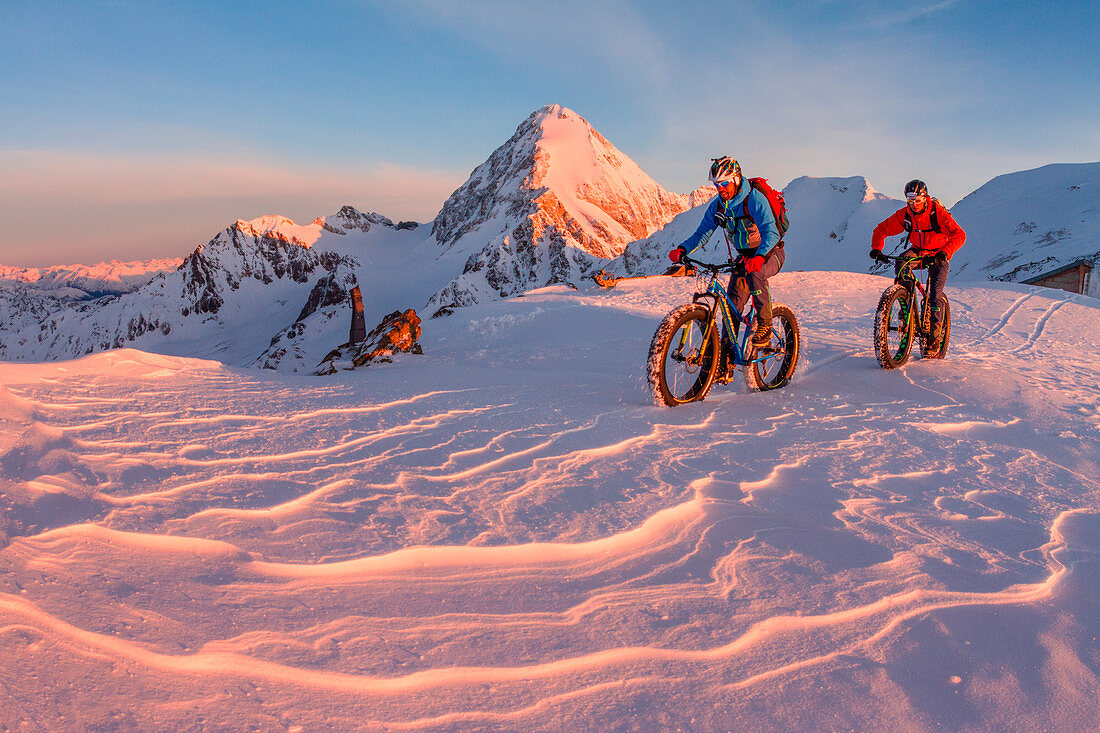 Fat bikers in high mountains at sunrise. Cevedale mount, Valfurva, Sondrio district, Lombardy, Italy.