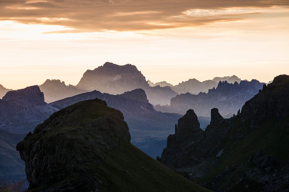 Profiles of mountains from Pordoi pass in silhouette, Dolomites, Trentino Alto Adige, Italy
