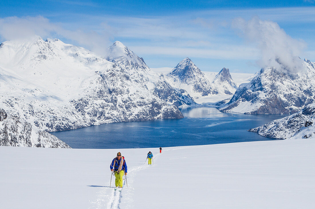 Ski touring in the fjords and landscapes of the Arctic sea in Greenland, Artic sea, Denmark