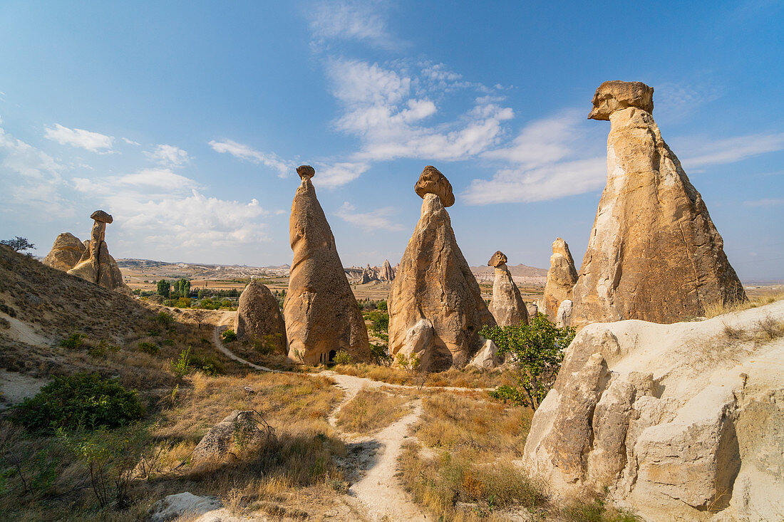 Fairy chimney landscape during summer. Cavusin, Goreme, Kaisery district, Anatolia, Turkey.