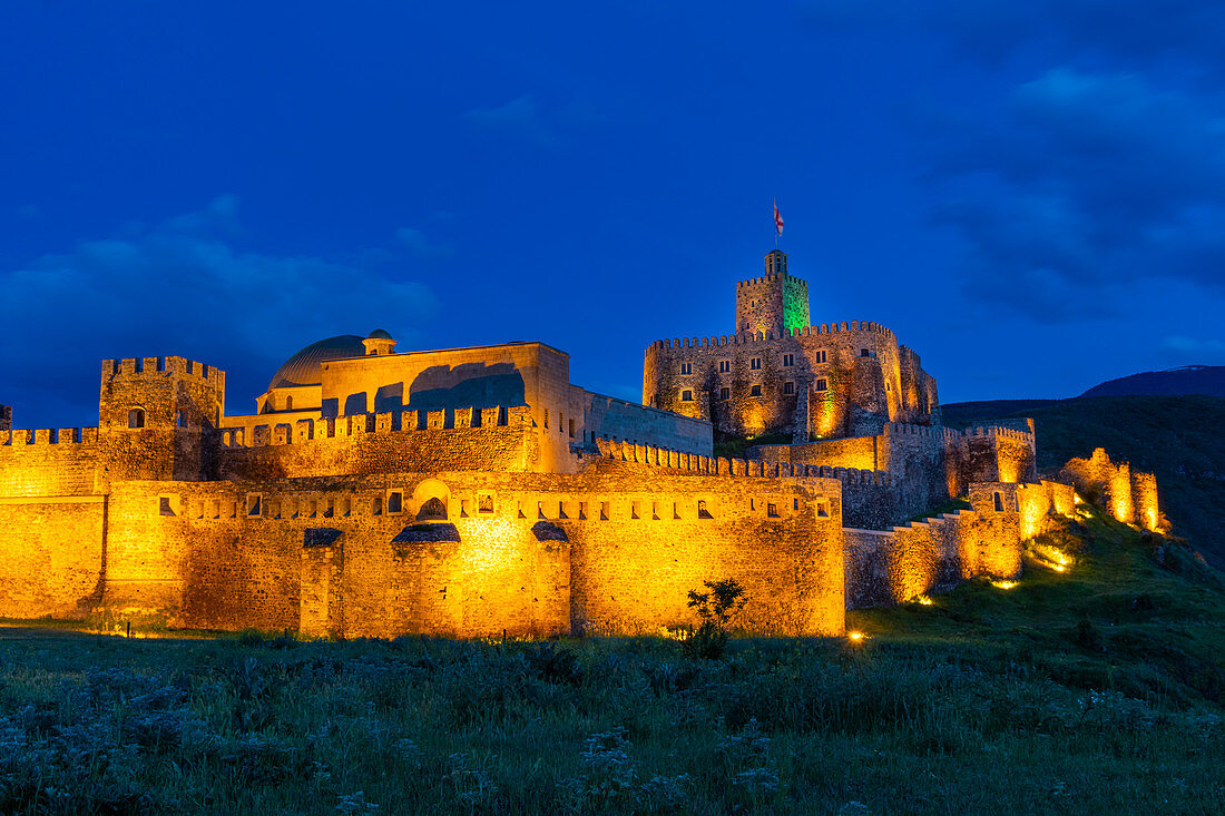 Rabati castle illuminated during the twilight. Akhaltsikhe, samtskhe-javakheti region, Georgia.