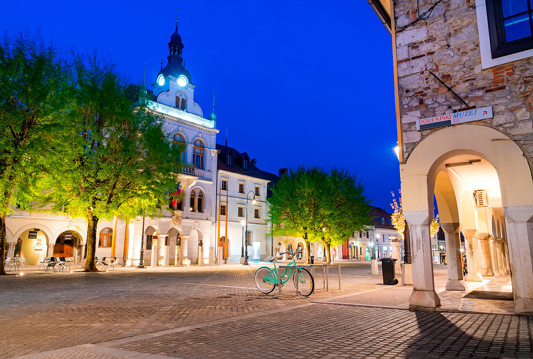 Cityscape of the pedestrian and cycling area in the square center. Novo Mesto, Carniola region, Slovenia, Europe.