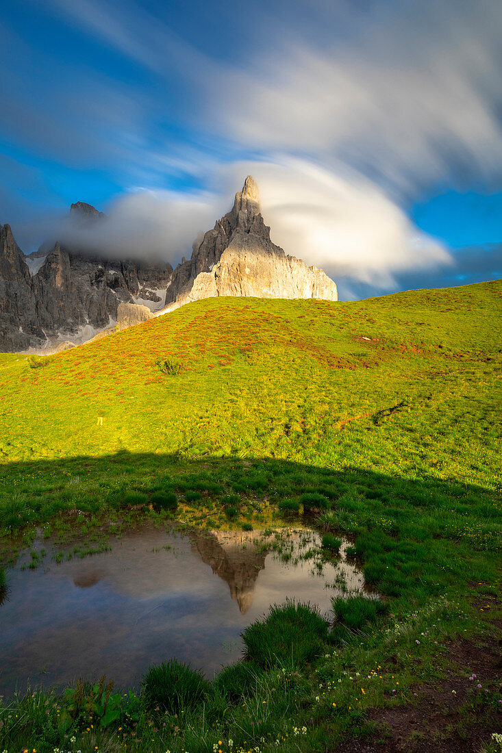 Cimon della Pala, view from Passo Rolle, San Martino di Castrozza Village, Trento district, Trentino Alto Adige, Italy