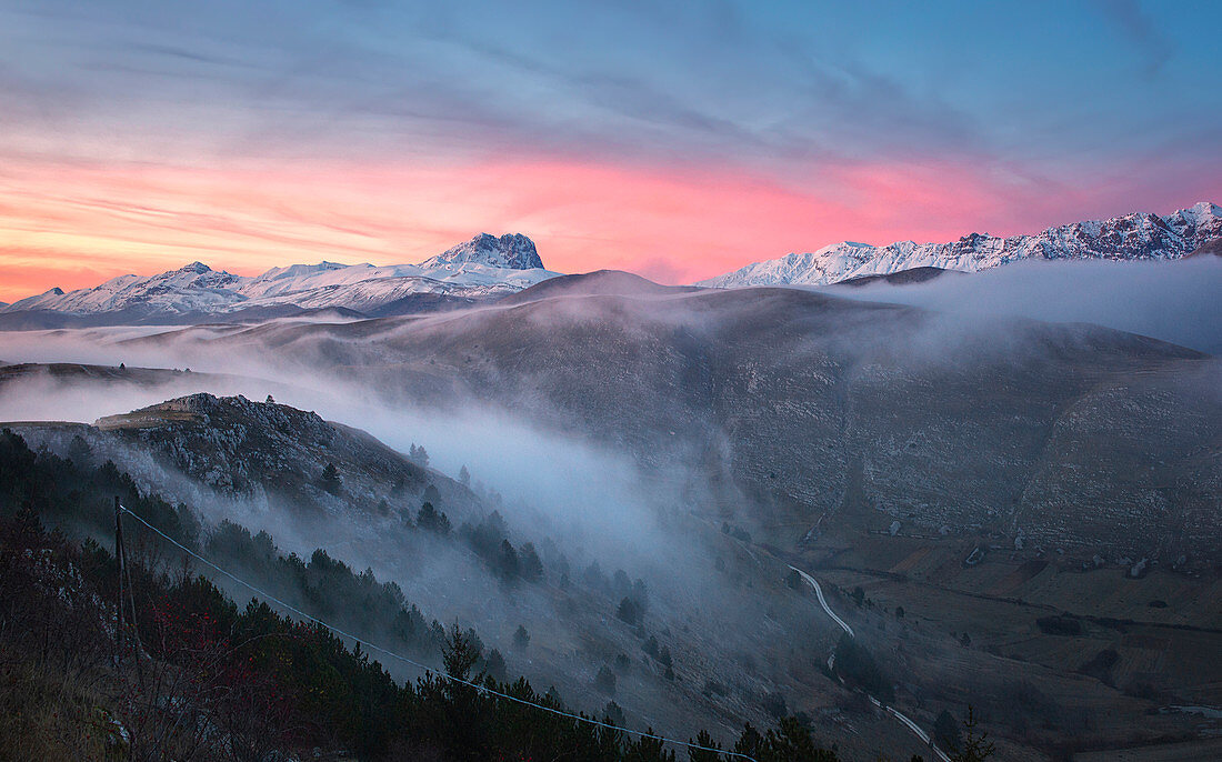 Gran Sasso at sunset seen from Calascio village, L'Aquila district, Abruzzo, Italy