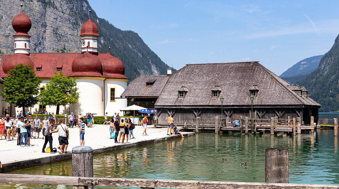 Königssee lake, Berchtesgaden National Park, San Bartolomeo Chapel, Schönau am Königssee village, Berchtesgadener Land district, Oberbayern Region, Bavaria, Germany