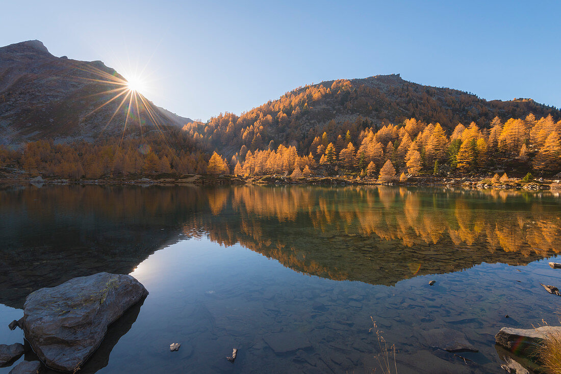 Sunset on Arpy Lake, Valdigne, Aosta Valley, Italian alps, Italy