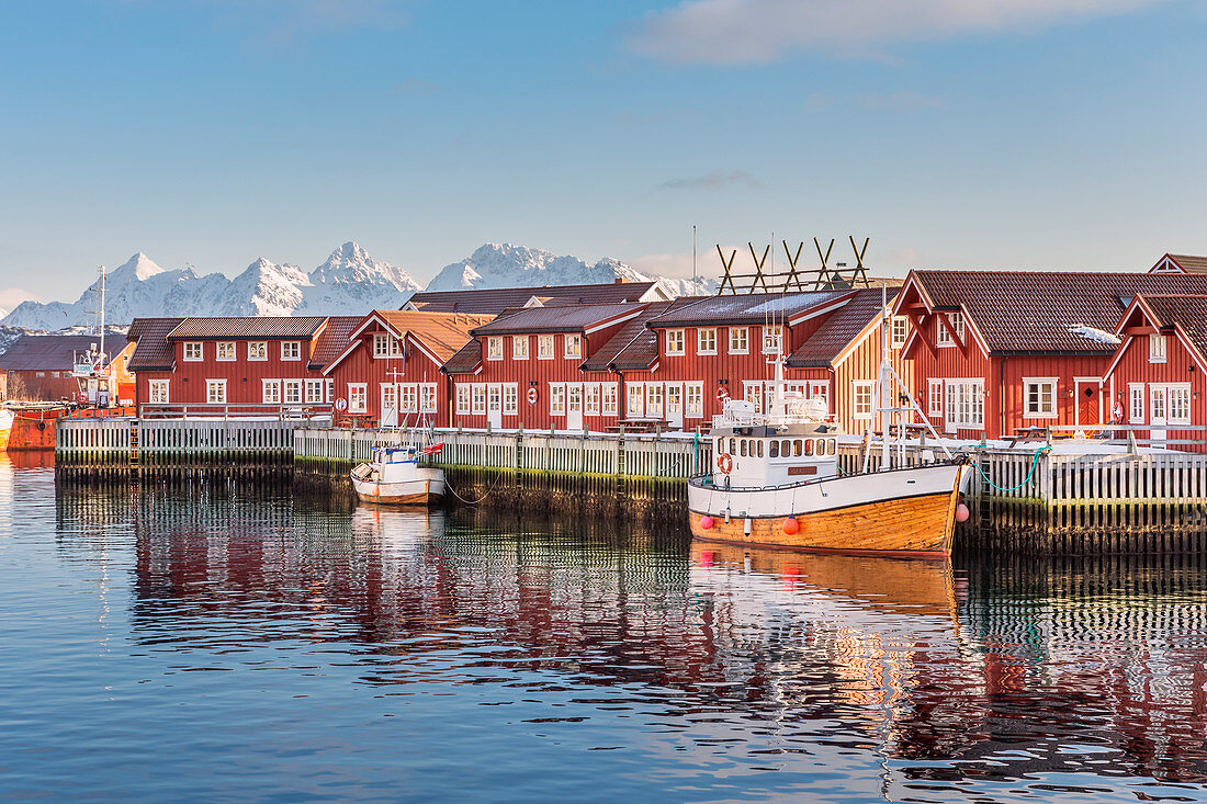 Typische rote Häuser spiegeln sich im Meer, Svolvaer, Lofoten, Norwegen