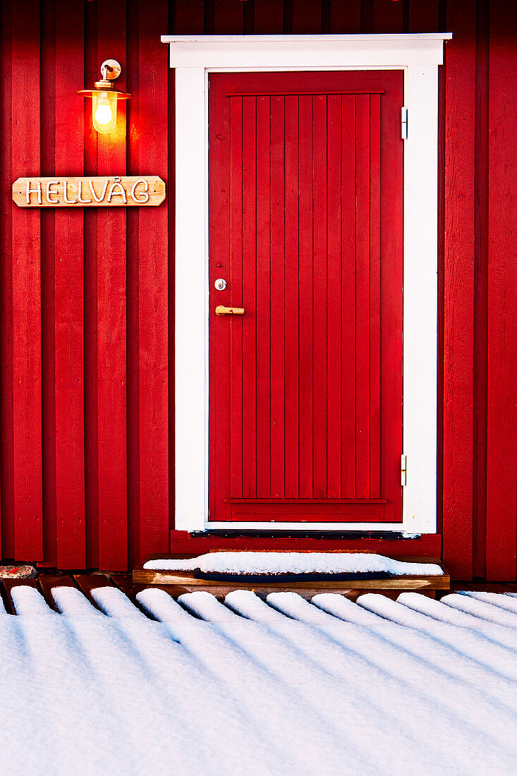 Details of a wooden house of fishermen also known as Rorbu, Lofoten Islands, Norway 