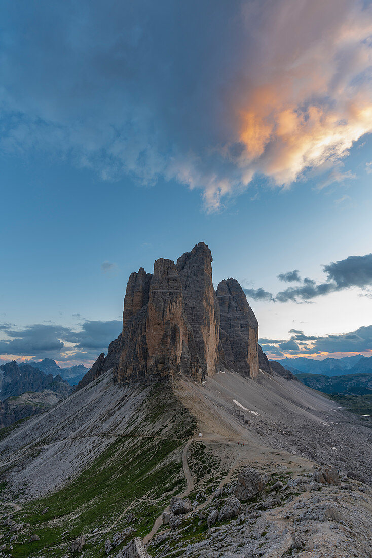 The Three Peaks of Lavaredo from Forcella Lavaredo at sunset in summer. Sesto Dolomites, Trentino Alto Adige, Italy.