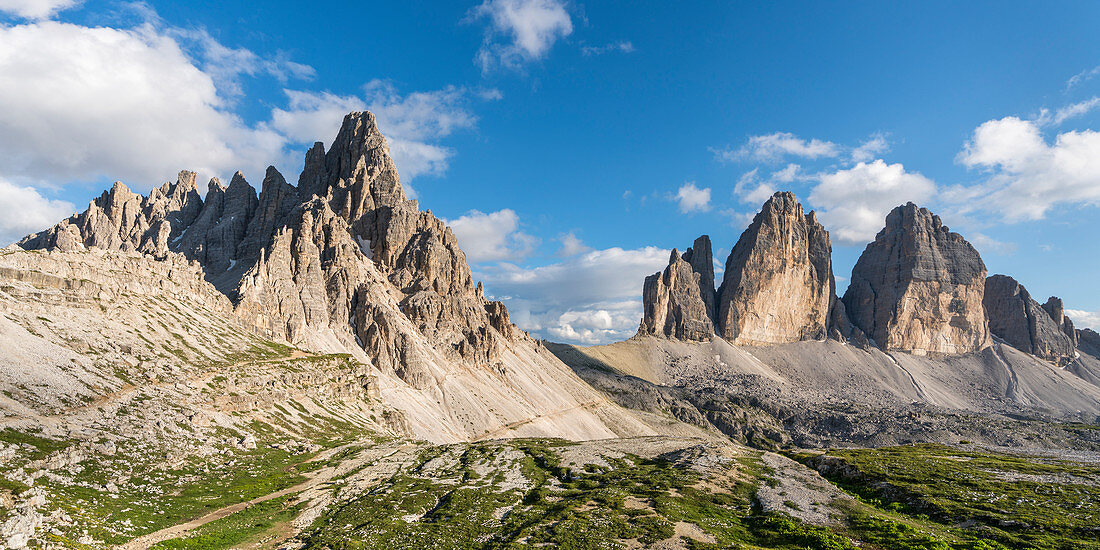The Three Peaks of Lavaredo and Mount Paterno on a summer day. Sesto Dolomites, Trentino Alto Adige, Italy.