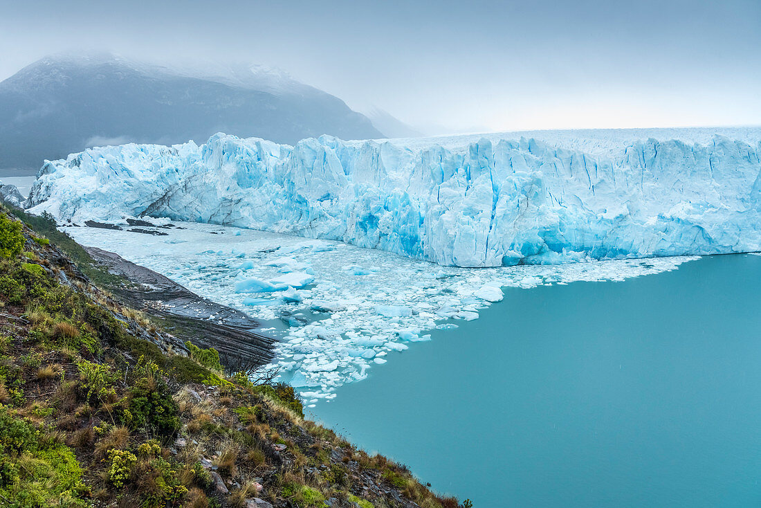 The northern snout of Perito Moreno Glacier and icebergs on a moody day. Lago Argentino department, Santa Cruz province, Argentina.