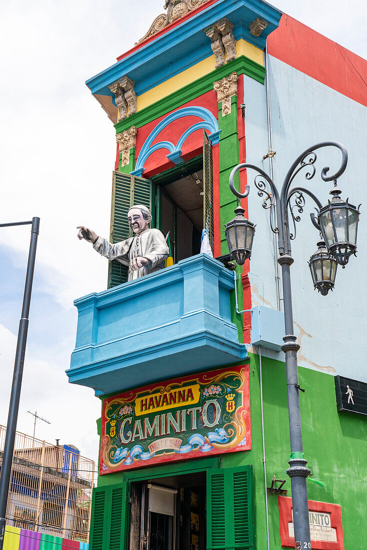 Statue of Pope Francis on a terrace. El Caminito Street, La Boca district, Buenos Aires, Argentina.