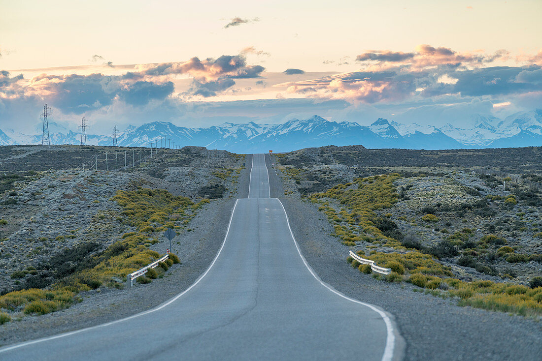 The road that leads to El Calafate at sunset. Santa Cruz province, Argentina.