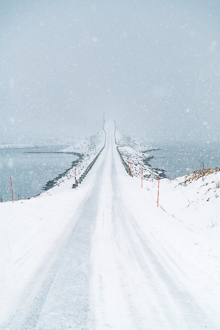 Fredvang Bridge under the snow. Fredvang, Flakstad municipality, Nordland county, Northern Norway, Norway.