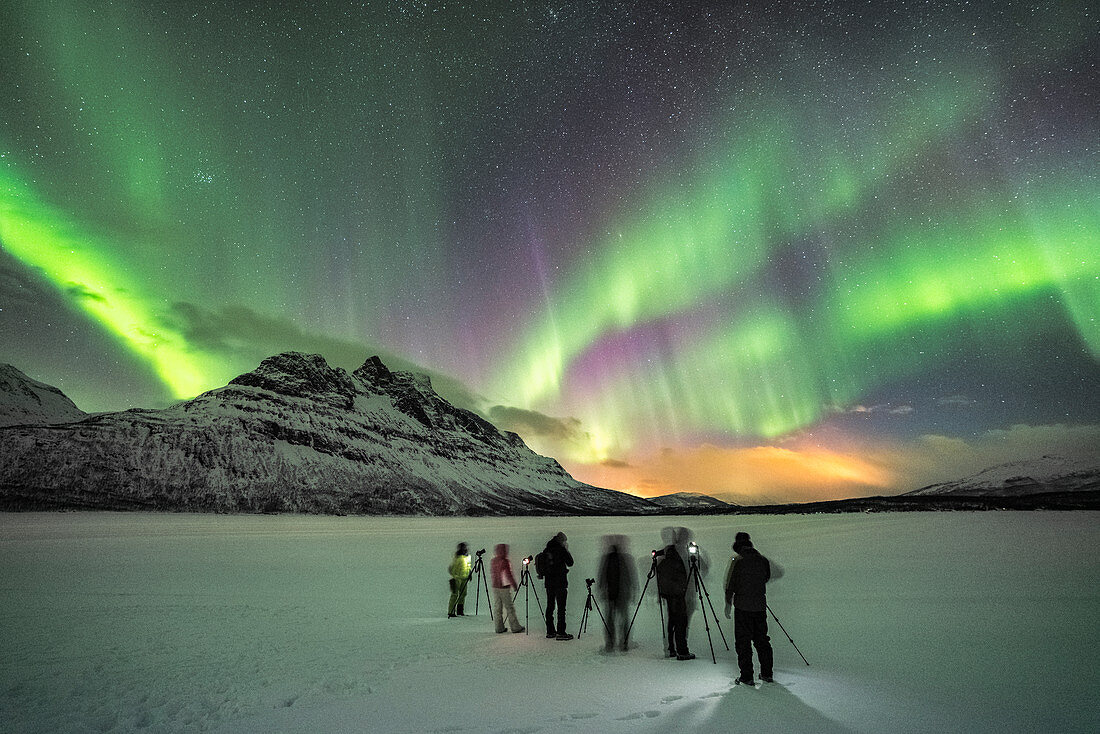 Group of photographers on Skoddebergvatnet lake, with northern lights in the sky.  Grovfjord, Troms county, Northern Norway, Norway.