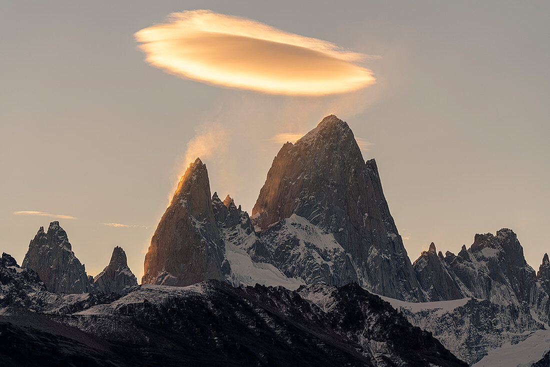 Close up on Mt Fitz Roy with cloud at sunset. El Chalten, Santa Cruz province, Argentina.