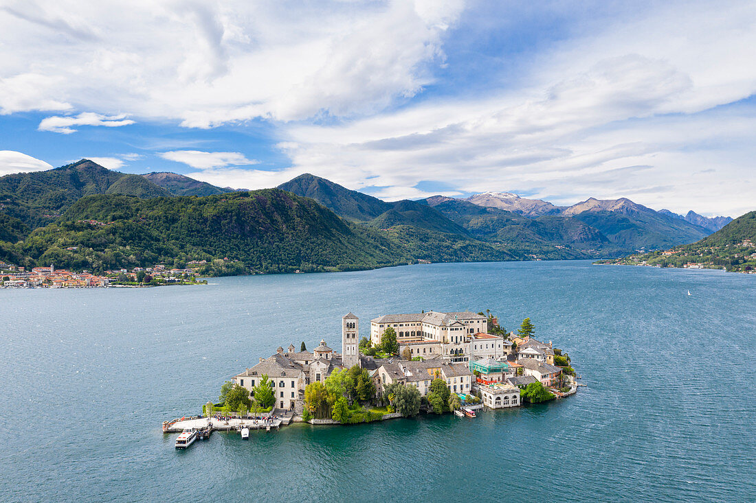 Aerial view of San Giulio Island and the Lake Orta (Orta San Giulio, Lake Orta, Novara province, Piedmont, Italy, Europe)