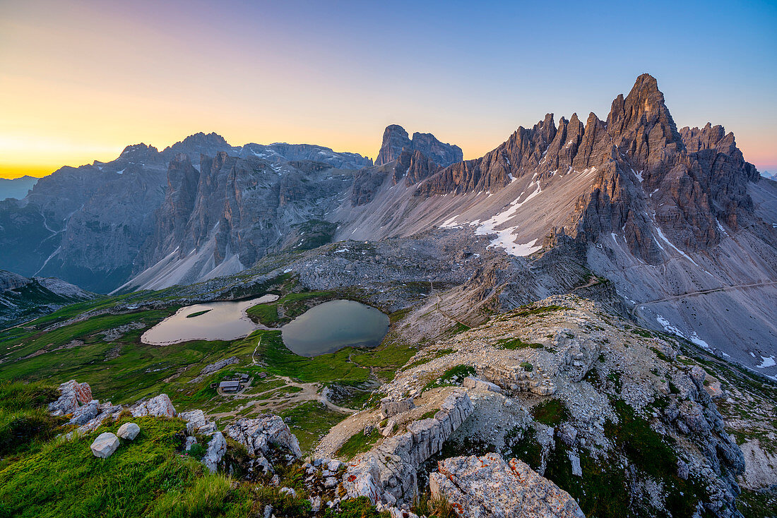 Italy, South Tyrol, Dolomites, Sexten Dolomites, Paterno/Paternkofel and Piani lakes at sunrise 