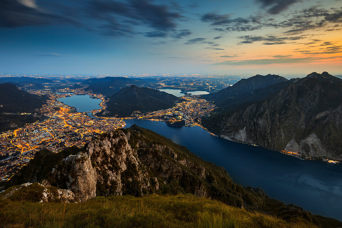 Sunset over Lecco from Coltignone mountain, Grigne Group, Lecco, Lombardy, Italy, Southern Europe