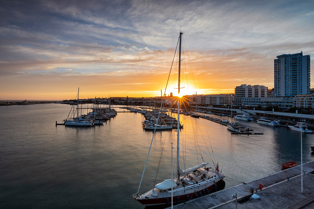 Ponta Delgada Marina at sunset, Ponta Delgada, Sao Miguel, Azores, Portugal, Western Europe