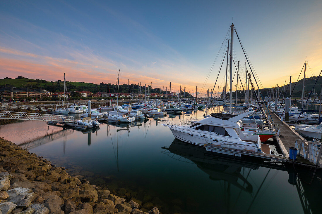 A small Harbor of Zumaia at sunrise, Zumaia, Guipùzcoa, Basque Country, Spain, Western Europe