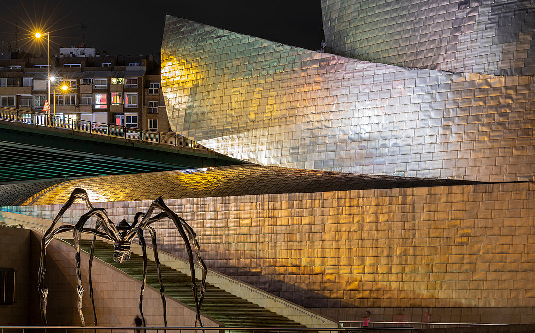 Guggenheim Museum mit Skulptur bei Nacht, Bilbao, Baskenland, Spanien, Iberische Halbinsel, Westeuropa