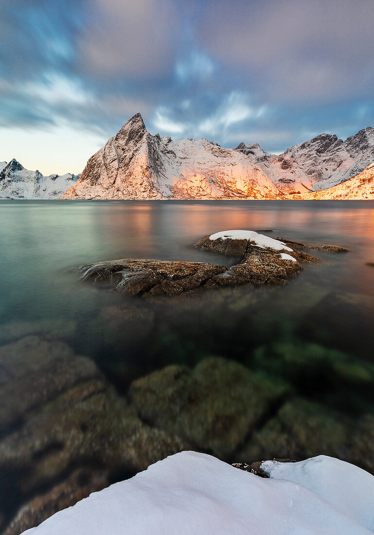 Sunrise at Hamnoya in front of Olstinden mountain, Hamnoy, Moskenes, Moskenesoya, Nordland, Lofoten, Norway, Northern Europe