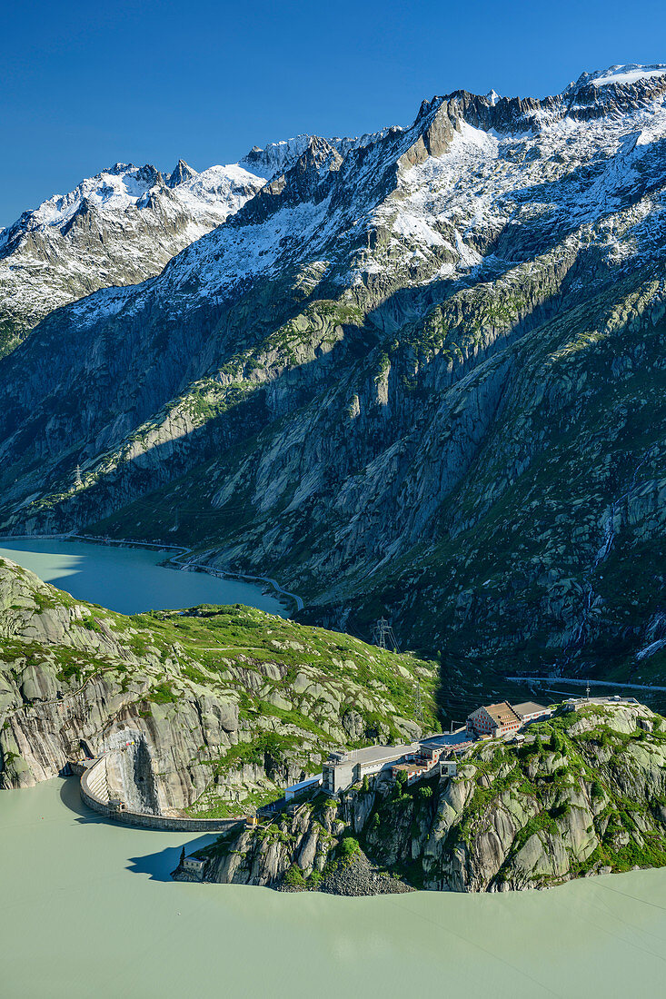 View of Grimselsee, Grimselhospiz and Räterichsbodensee, UNESCO World Natural Heritage Jungfrau-Aletsch, Bernese Alps, Switzerland