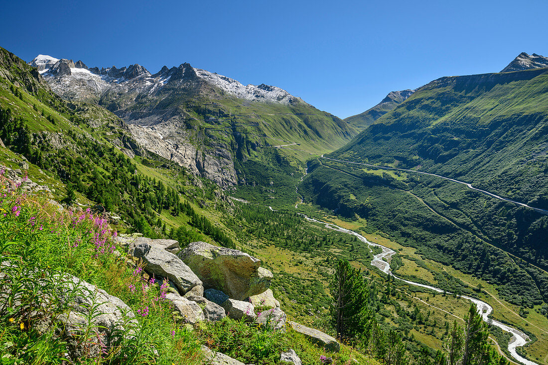 View of Furkapassstrasse, former Rhone Glacier and Rhone Valley, from the Grimsel Pass, UNESCO World Natural Heritage Jungfrau-Aletsch, Bernese Alps, Switzerland