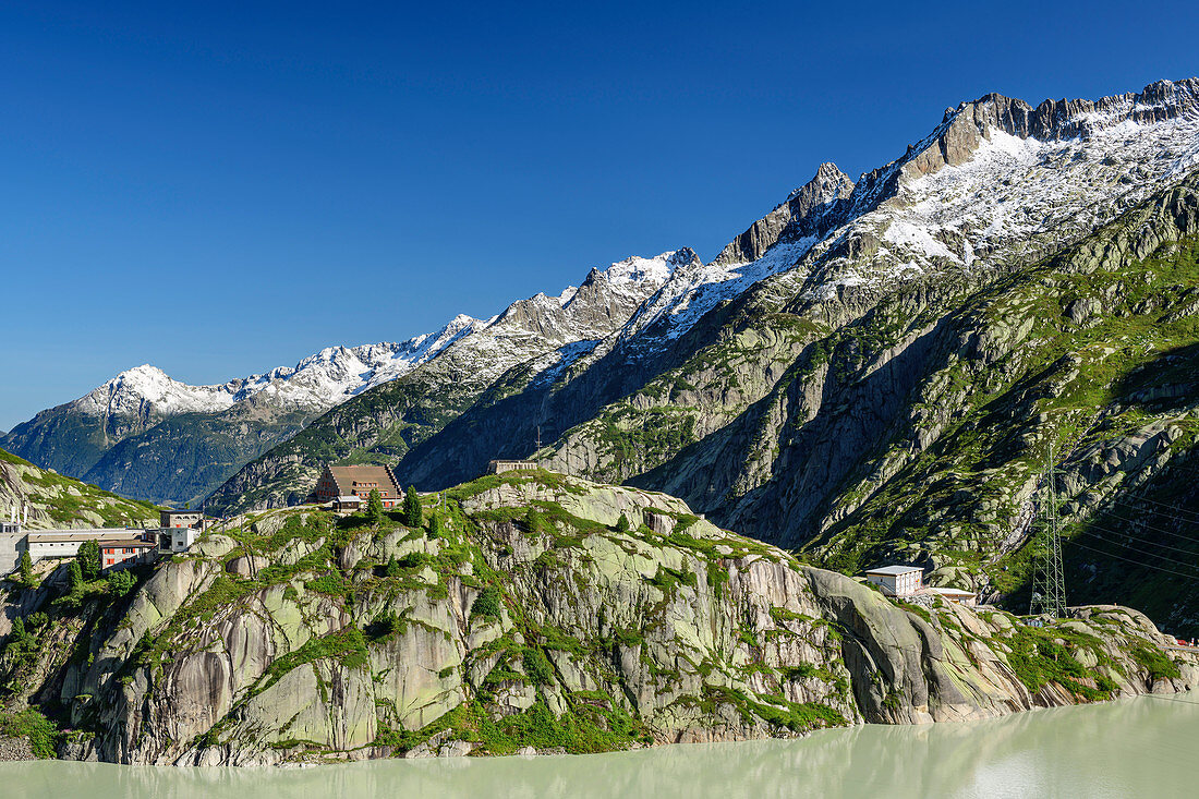 View of Grimselsee, Grimselhospiz and Urner Alps, from Grimsel Pass, UNESCO World Natural Heritage Jungfrau-Aletsch, Bernese Alps, Switzerland