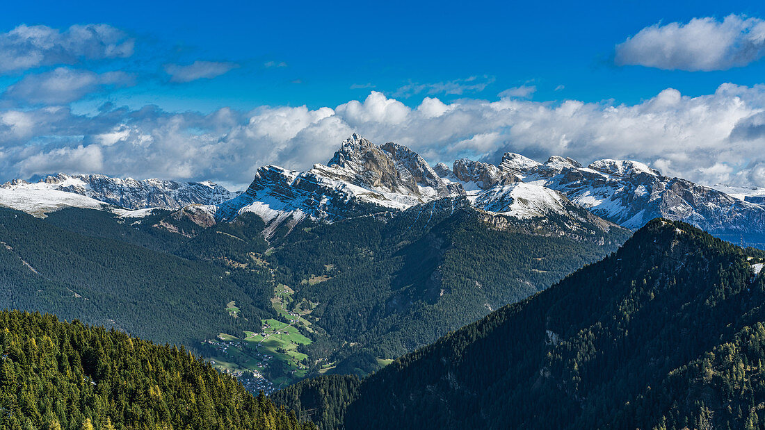 View from Puflatsch on the Alpe di Siusi to Seceda, South Tyrol, Italy