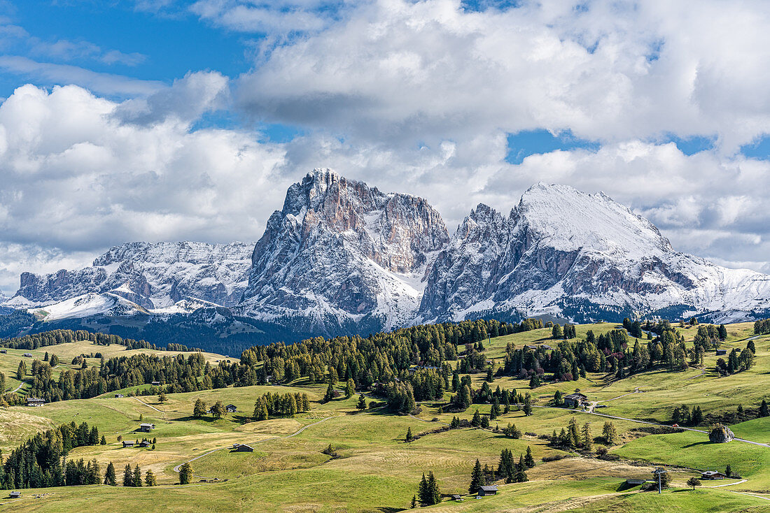 Breathtaking view from Puflatsch to the snow-covered Langkofel and Plattkofel on the Alpe di Siusi in South Tyrol, Italy