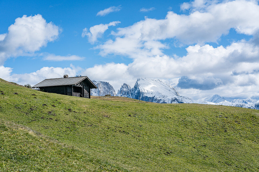 Old wooden hut on the Alpe di Siusi in the Dolomites, South Triol, Italy.