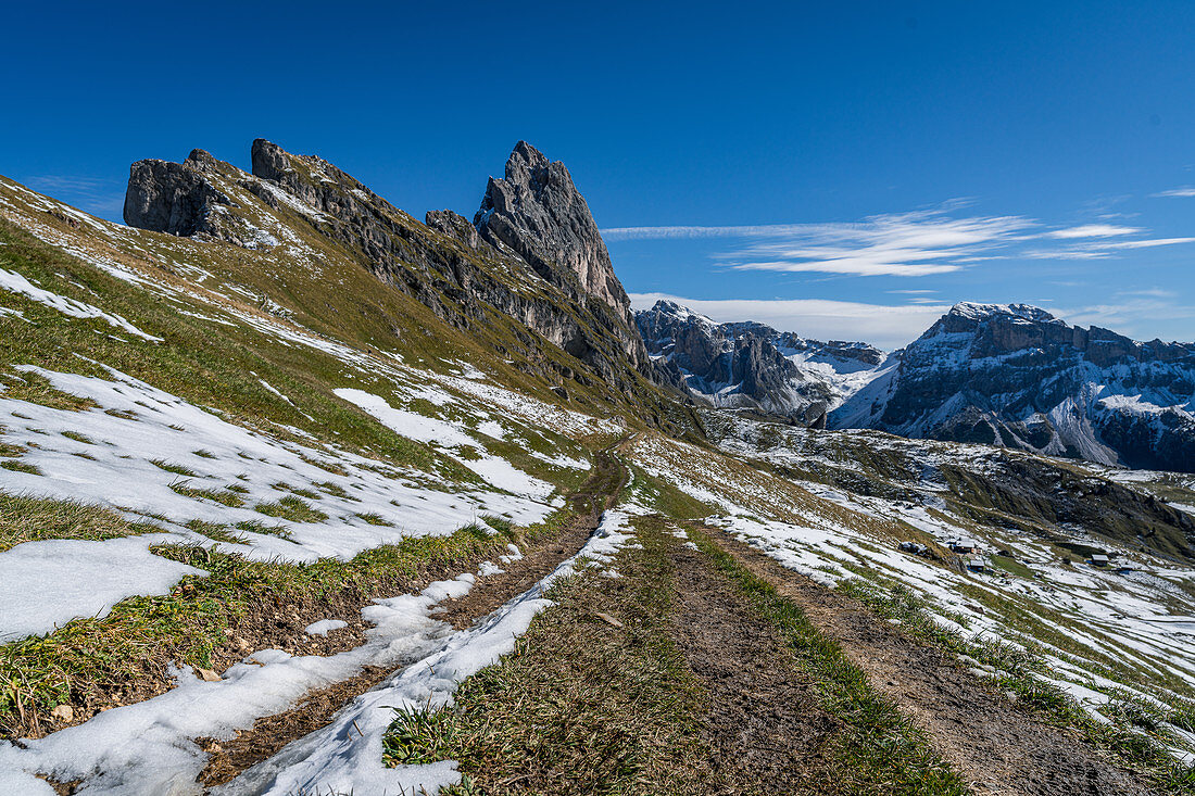 Hiking trail on Seceda in the South Tyrolean Dolomites, Italy