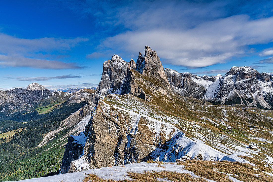 The famous peaks of the Seceda in the South Tyrolean Dolomites in Italy