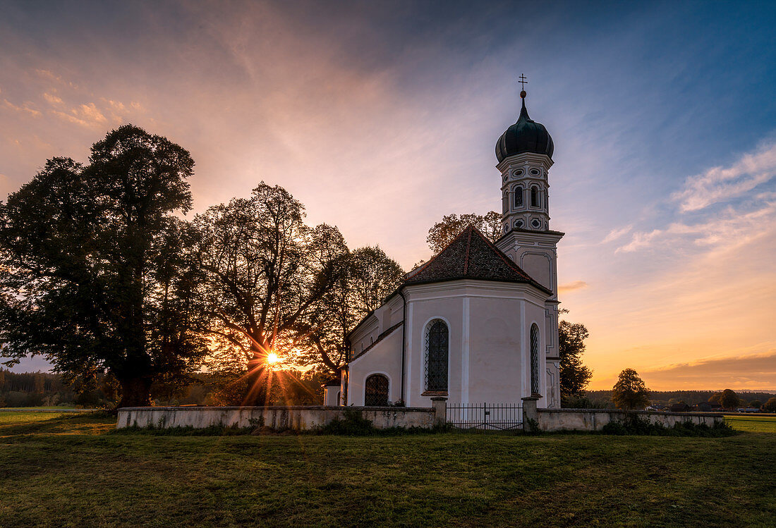 St. Andreas in October evening light, Etting, Polling, Upper Bavaria, Bavaria, Germany