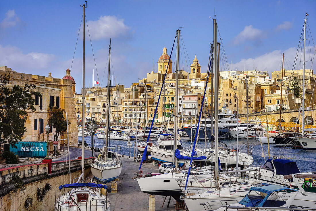 View of harbor and city in lovely weather, Three Cities, Vittoriosa, Valletta, Malta, Europe