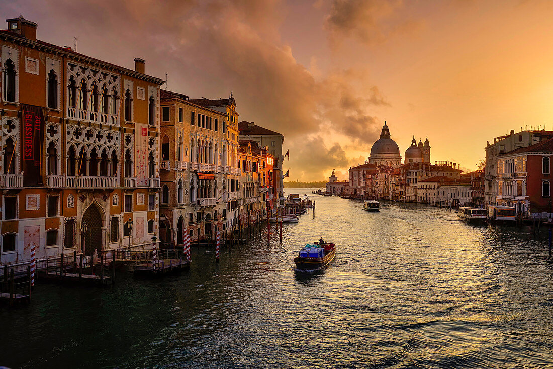 Canal Grande im frühen Morgenlicht mit Palazzo Cavalli-Franchetti und Santa Maria della Salute, Venedig, UNESCO Weltkulturerbe Venedig, Venetien, Italien                          