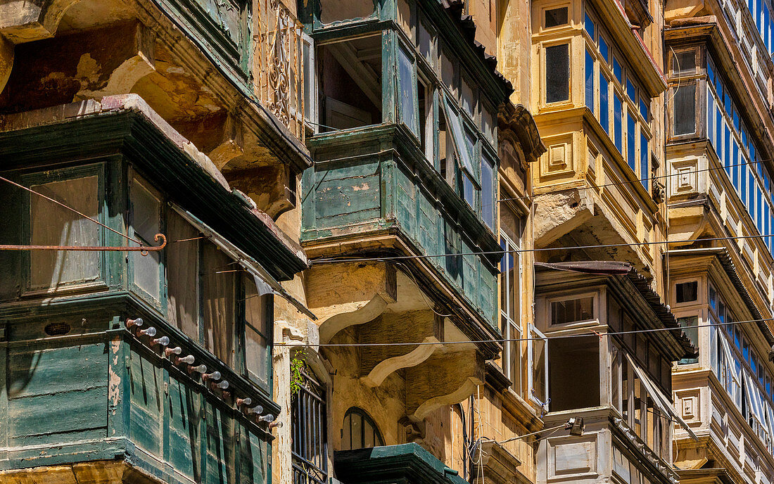 Traditional balconies in Valletta, Malta, Europe