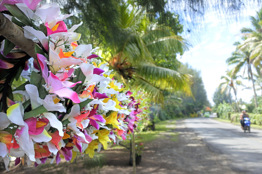 Polynesian flowers head wreaths for sale along the coastal ring road of Rarotonga, Cooks Islands.