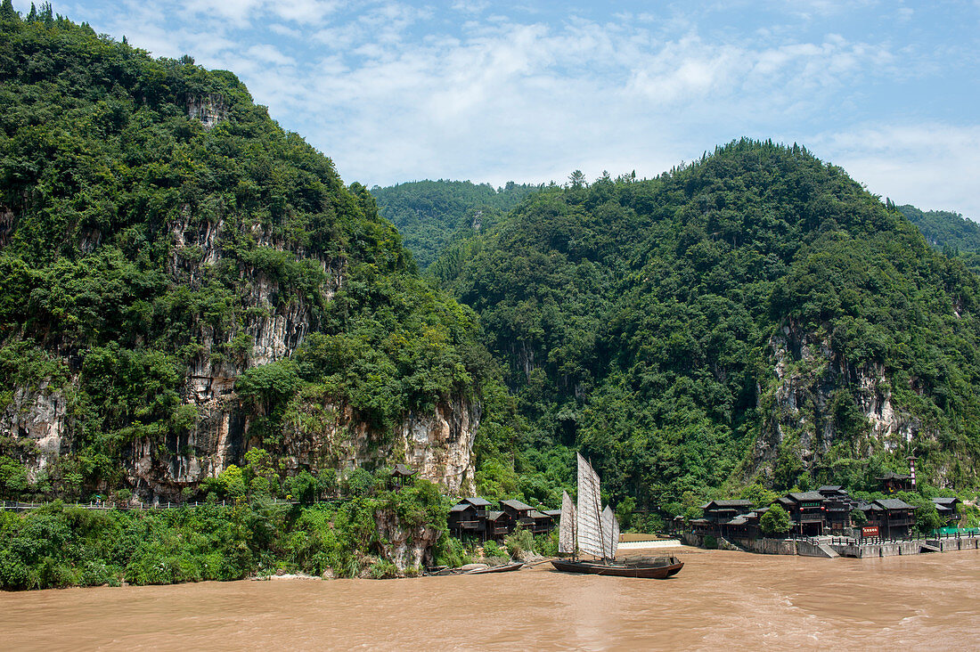 Traditional sailboats once used for transporting goods on the Yangtze River at the Xiling Gorge (Three Gorges) in China.