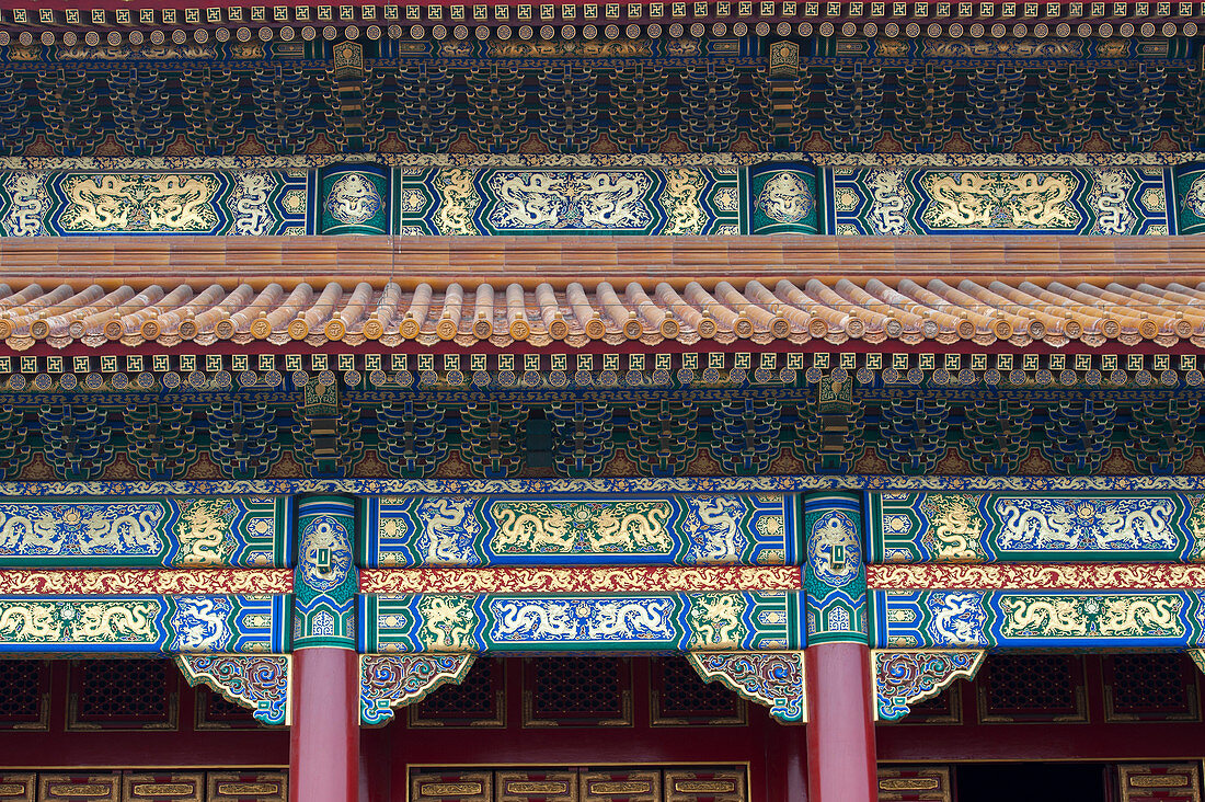 Detail of the colorful Chinese architecture of the Hall of Supreme Harmony, the largest hall in the Forbidden City in Beijing, China.