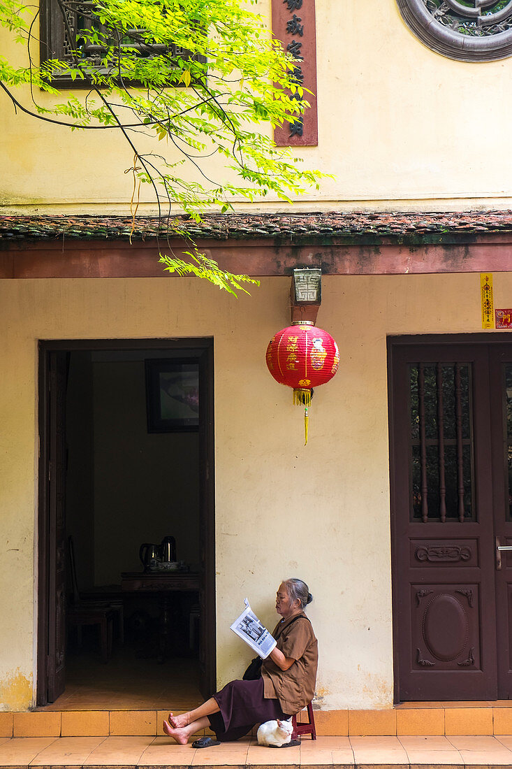 Frau liest im Tempel, Hanoi, Vietnam