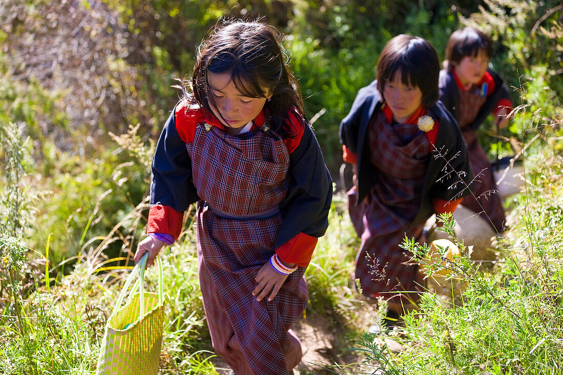 Schulmädchen auf dem Heimweg, Bumthang, Bhutan