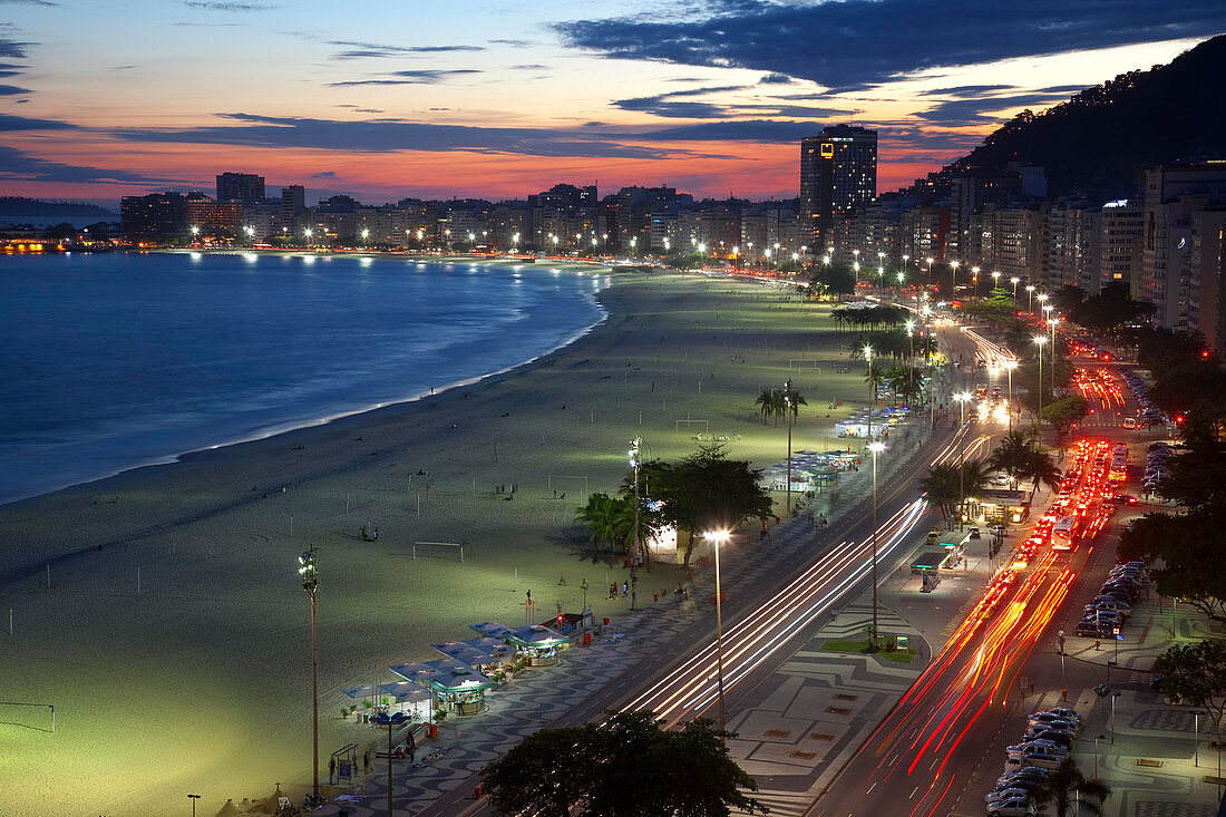 Copacabana Beach, and Avenue Atlantica at night, Copacabana, Rio de Janeiro, Brazil