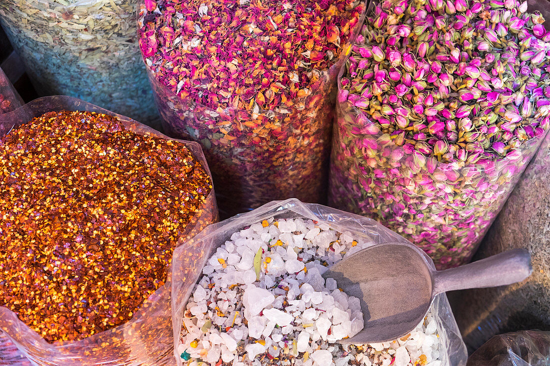 Dried flower petals and herbs at Dubai Spice Souk, UAE