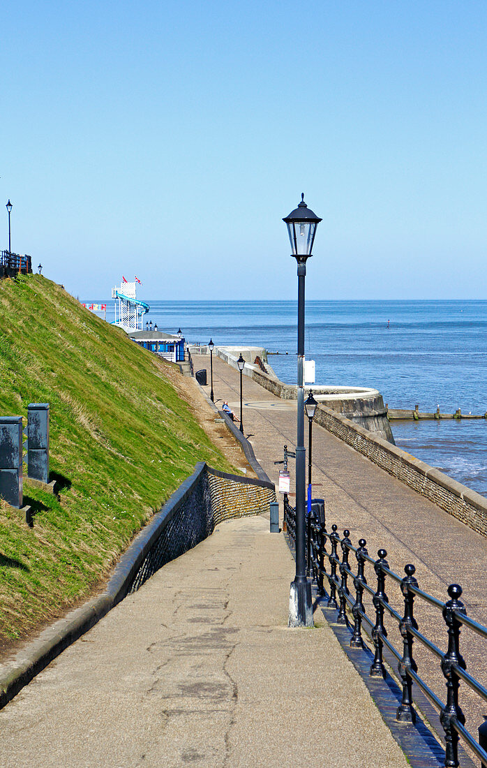 A view of the access slope to the promenade at the North Norfolk seaside resort of Cromer, Norfolk, England, United Kingdom.