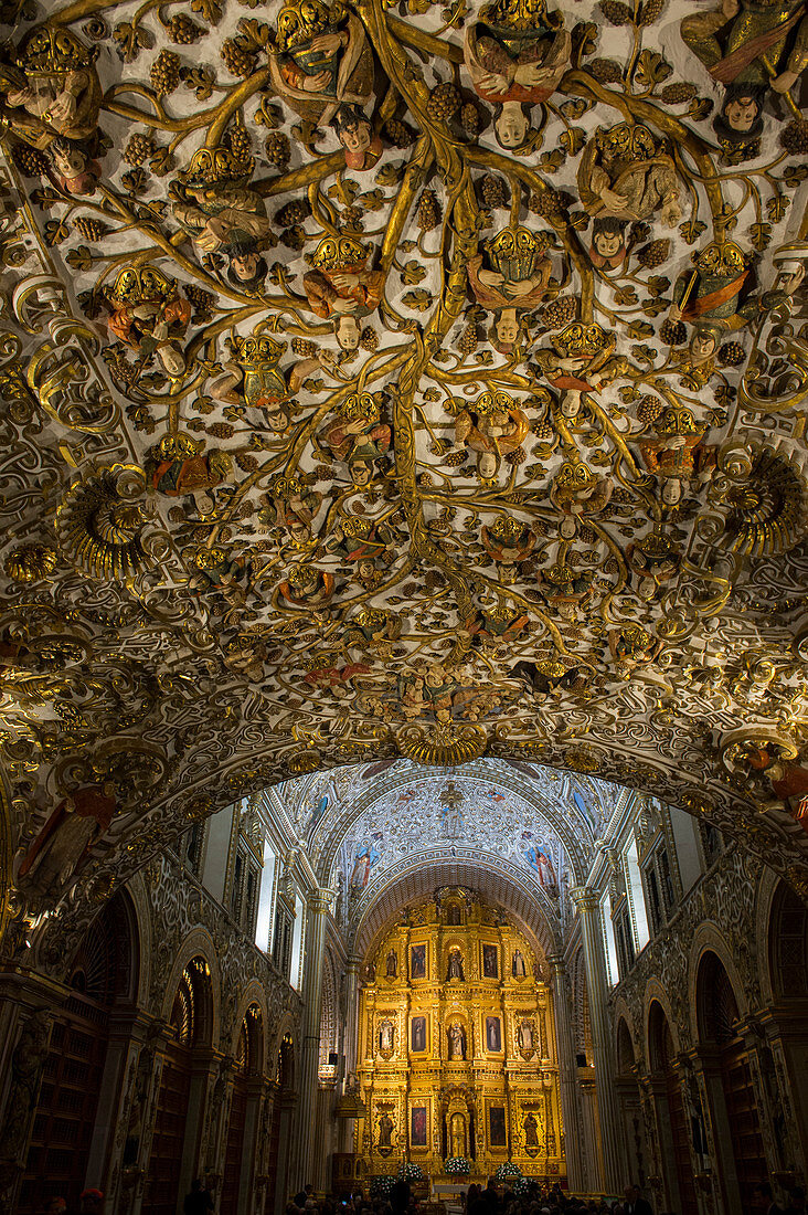 Das reich verzierte Innere der barocken Kirche von Santo Domingo de Guzman in der Stadt Oaxaca de Juarez, Oaxaca, Mexiko.
